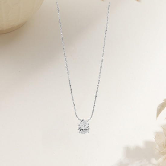 Picture of Wholesale Drop Clear Rhinestone Pendant Charm Necklace, Silver Tone 304 Stainless Steel Crimpable Chain, Women's Eco-friendly Exquisite Stylish Gift Jewelry For Retailer, 40cm(15.7") + 5cm(2") long, 1 Piece