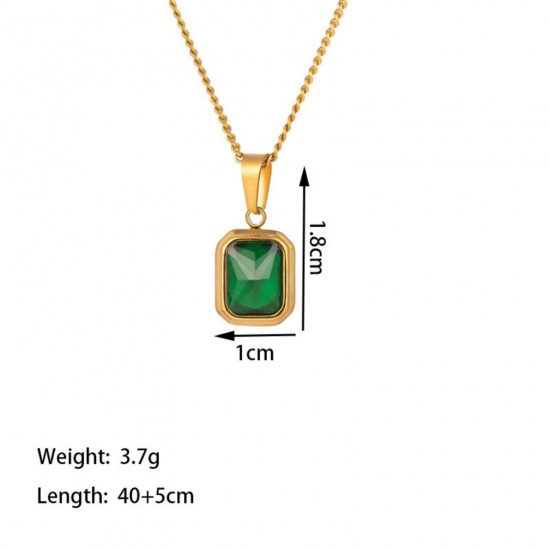 Picture of Wholesale Octagon Green Rhinestone Pendant Charm Necklace, 18K Gold Plated 304 Stainless Steel Women's Eco-friendly PVD Vacuum Plating Exquisite Stylish Gift Jewelry For Retailer, 40cm(15.7") + 5cm(2") long, 1 Piece
