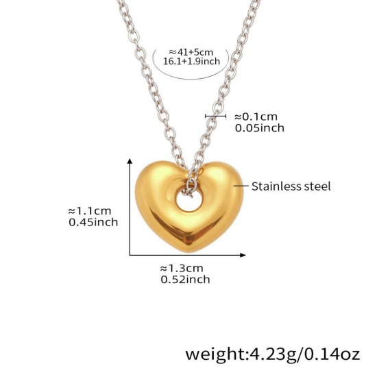 Picture of Wholesale Heart Two Tone Pendant Charm Necklace, Silver Tone & 18K Gold Plated 304 Stainless Steel Link Cable Chain, Women's Eco-friendly PVD Vacuum Plating Valentine's Day Stylish Gift Jewelry For Retailer, 41cm(16.1") + 5cm(2") long, 1 Piece