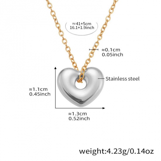 Picture of Wholesale Heart Two Tone Pendant Charm Necklace, 18K Gold Plated & Silver Tone 304 Stainless Steel Link Cable Chain, Women's Eco-friendly PVD Vacuum Plating Valentine's Day Stylish Gift Jewelry For Retailer, 41cm(16.1") + 5cm(2") long, 1 Piece