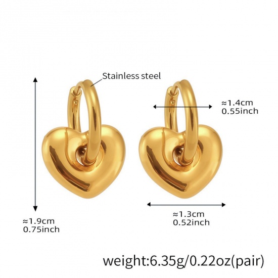 Picture of Wholesale Heart Hoop Earrings, 18K Gold Plated 304 Stainless Steel Women's Eco-friendly PVD Vacuum Plating Valentine's Day Stylish Gift Jewelry For Retailer, 19mm x 13mm, 1 Pair