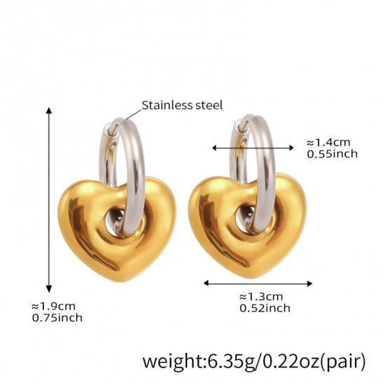 Picture of Wholesale Heart Two Tone Hoop Earrings, Silver Tone & 18K Gold Plated 304 Stainless Steel Women's Eco-friendly PVD Vacuum Plating Valentine's Day Stylish Gift Jewelry For Retailer, 19mm x 13mm, 1 Pair