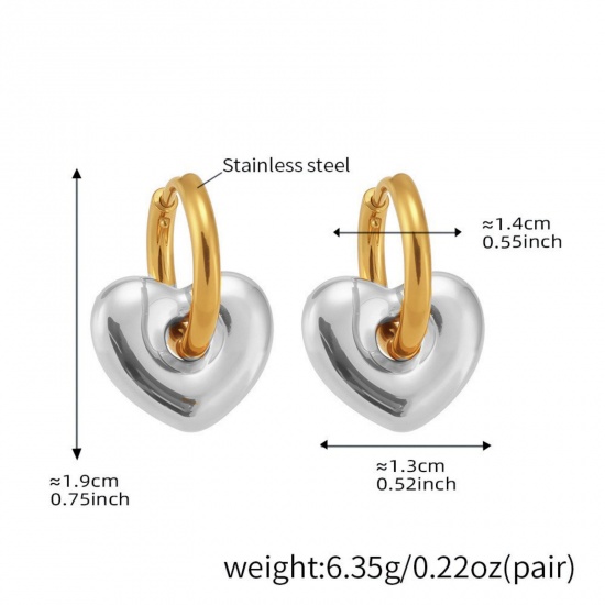 Picture of Wholesale Heart Two Tone Hoop Earrings, 18K Gold Plated & Silver Tone 304 Stainless Steel Women's Eco-friendly PVD Vacuum Plating Valentine's Day Stylish Gift Jewelry For Retailer, 19mm x 13mm, 1 Pair