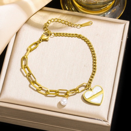 Picture of Wholesale Heart Imitation Pearl 304 Stainless Steel Charm Bracelets, 18K Gold Plated Eco-friendly PVD Vacuum Plating, Women's Valentine's Day Stylish Gift Jewelry Supply, 17cm(6.7") + 5cm(2") long, 1 Piece