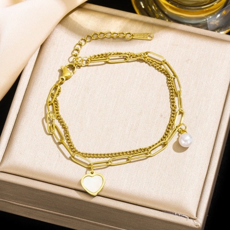 Picture of Wholesale Heart Imitation Pearl 304 Stainless Steel Charm Bracelets, 18K Gold Plated Eco-friendly PVD Vacuum Plating, Women's Valentine's Day Stylish Gift Jewelry Supply, 17cm(6.7") + 5cm(2") long, 1 Piece