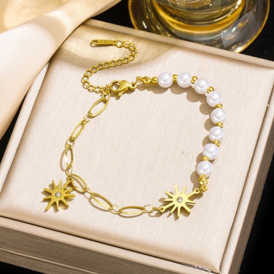 Picture of Wholesale Star Imitation Pearl 304 Stainless Steel Charm Bracelets, 18K Gold Plated Eco-friendly PVD Vacuum Plating, Women's Simple Stylish Gift Jewelry Supply, 17cm(6.7") + 5cm(2") long, 1 Piece