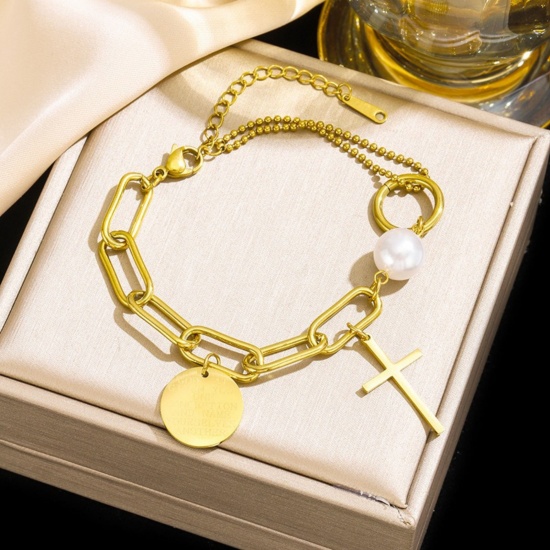 Picture of Wholesale Cross Imitation Pearl 304 Stainless Steel Charm Bracelets, 18K Gold Plated Eco-friendly PVD Vacuum Plating, Women's Religious Retro Gift Jewelry Supply, 17cm(6.7") + 5cm(2") long, 1 Piece
