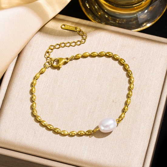 Picture of Wholesale Imitation Pearl 304 Stainless Steel Bracelets, 18K Gold Plated Eco-friendly PVD Vacuum Plating, Women's Simple Stylish Gift Jewelry Supply, 17cm(6.7") + 5cm(2") long, 1 Piece