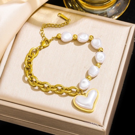 Picture of Wholesale Heart Imitation Pearl 304 Stainless Steel Charm Bracelets, 18K Gold Plated Eco-friendly PVD Vacuum Plating, Women's Valentine's Day Stylish Gift Jewelry Supply, 17cm(6.7") + 5cm(2") long, 1 Piece