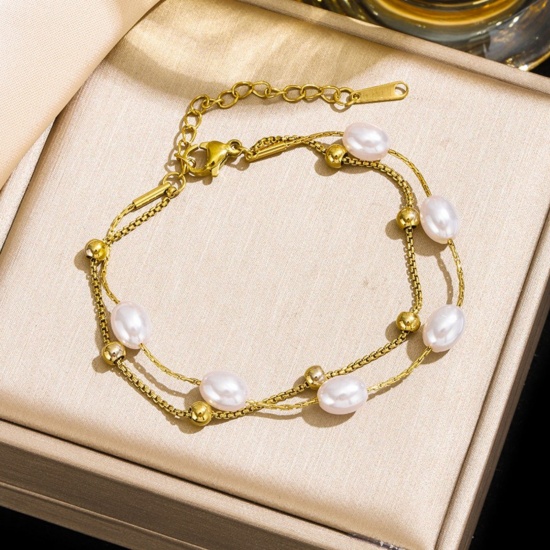 Picture of Wholesale Imitation Pearl 304 Stainless Steel Bracelets, 18K Gold Plated Eco-friendly PVD Vacuum Plating, Women's Simple Stylish Gift Jewelry Supply, 17cm(6.7") + 5cm(2") long, 1 Piece