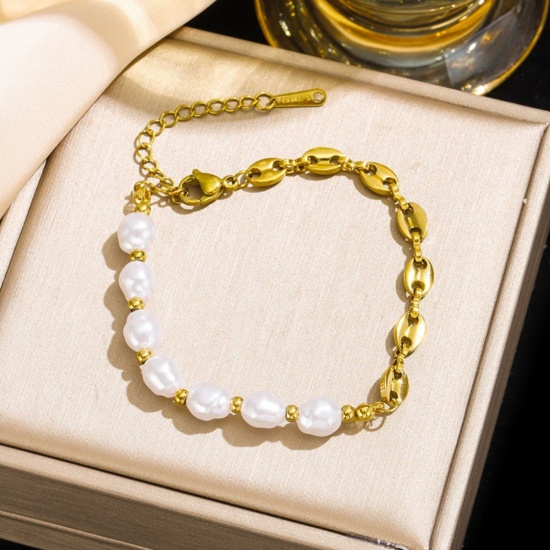Picture of Wholesale Imitation Pearl 304 Stainless Steel Pig Nose Chain Bracelets, 18K Gold Plated Eco-friendly PVD Vacuum Plating, Women's Simple Stylish Gift Jewelry Supply, 17cm(6.7") + 5cm(2") long, 1 Piece