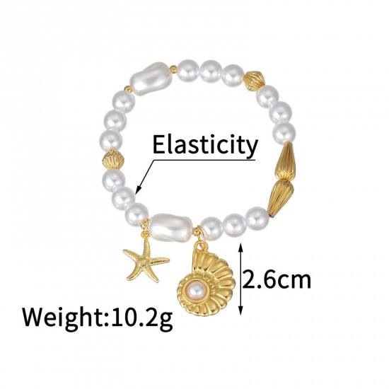 Picture of Wholesale Shell Imitation Pearl 304 Stainless Steel Elastic Beaded Bubble Bracelets, 18K Gold Plated Eco-friendly, Women's Ocean Jewelry Stylish Gift Jewelry Supply, 18cm(7.1") long, 1 Piece