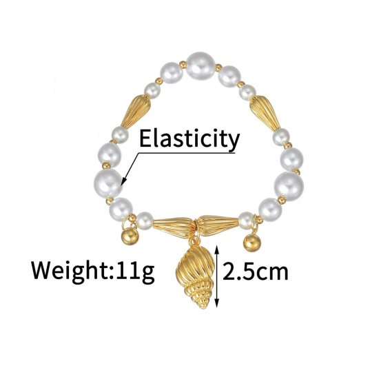 Picture of Wholesale Conch/ Sea Snail Imitation Pearl 304 Stainless Steel Elastic Beaded Bubble Bracelets, 18K Gold Plated Eco-friendly, Women's Ocean Jewelry Stylish Gift Jewelry Supply, 18cm(7.1") long, 1 Piece