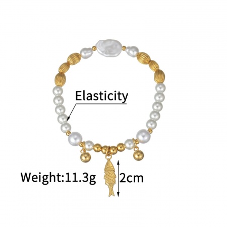 Picture of Wholesale Fish Animal Imitation Pearl 304 Stainless Steel Elastic Beaded Bubble Bracelets, 18K Gold Plated Eco-friendly, Women's Ocean Jewelry Stylish Gift Jewelry Supply, 18cm(7.1") long, 1 Piece