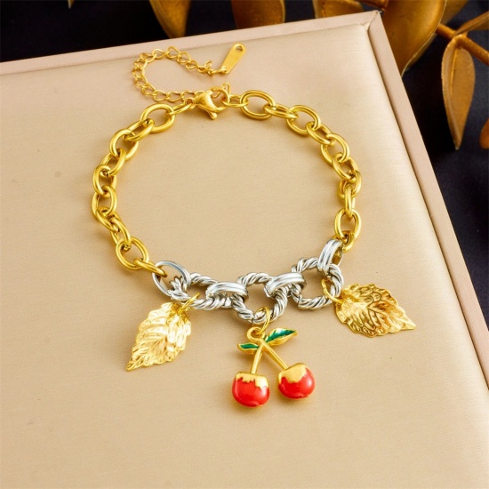 Picture of Wholesale Cherry Fruit Leaf Red Enamel 304 Stainless Steel Charm Bracelets, Silver Tone & 18K Gold Plated Eco-friendly PVD Vacuum Plating, Women's Pastoral Style Stylish Gift Jewelry Supply, 17cm(6.7") + 6cm(2.4") long, 1 Piece