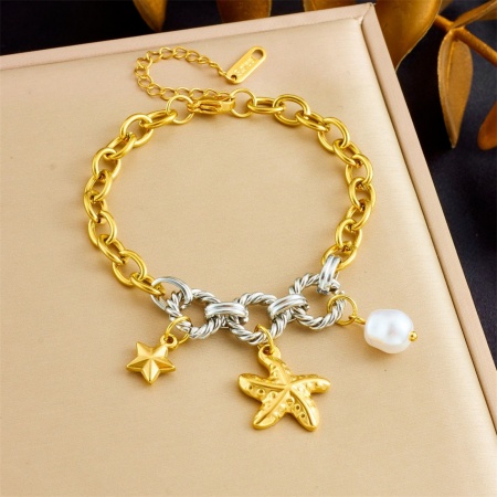 Picture of Wholesale Starfish Imitation Pearl 304 Stainless Steel Charm Bracelets, Silver Tone & 18K Gold Plated Eco-friendly PVD Vacuum Plating, Women's Ocean Jewelry Stylish Gift Jewelry Supply, 17cm(6.7") + 6cm(2.4") long, 1 Piece