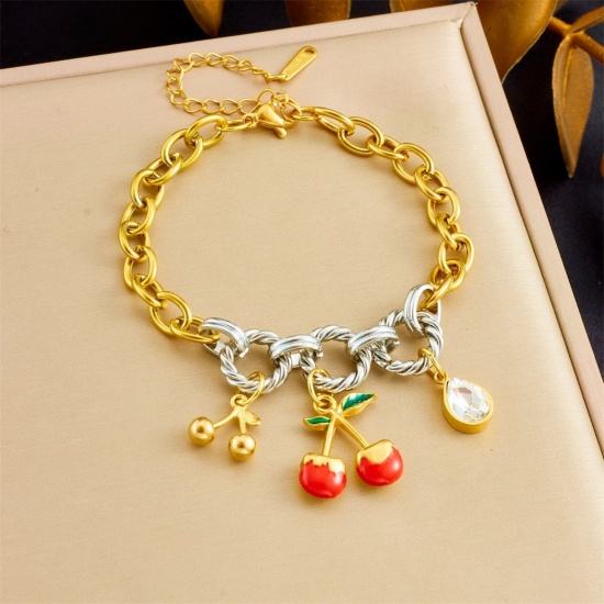 Picture of Wholesale Cherry Fruit Red Enamel 304 Stainless Steel Charm Bracelets, Silver Tone & 18K Gold Plated Eco-friendly PVD Vacuum Plating, Women's Pastoral Style Stylish Gift Jewelry Supply, 17cm(6.7") + 6cm(2.4") long, 1 Piece