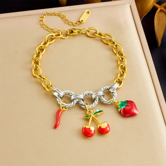 Picture of Wholesale Cherry Fruit Pepper Red Enamel 304 Stainless Steel Charm Bracelets, Silver Tone & 18K Gold Plated Eco-friendly PVD Vacuum Plating, Women's Pastoral Style Stylish Gift Jewelry Supply, 17cm(6.7") + 6cm(2.4") long, 1 Piece