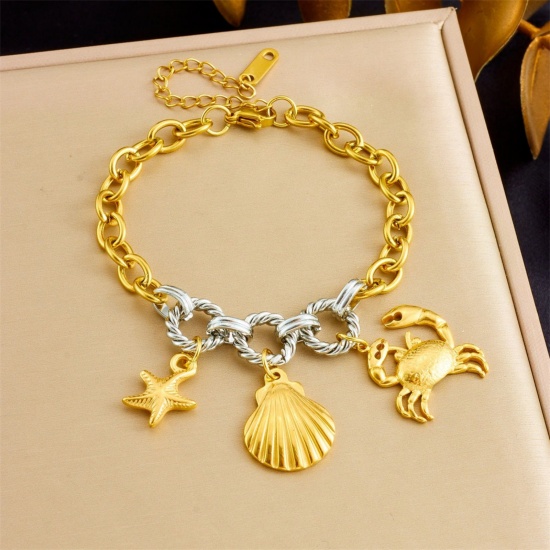 Picture of Wholesale Crab Animal Shell Two Tone 304 Stainless Steel Charm Bracelets, Silver Tone & 18K Gold Plated Eco-friendly PVD Vacuum Plating, Women's Ocean Jewelry Stylish Gift Jewelry Supply, 17cm(6.7") + 6cm(2.4") long, 1 Piece