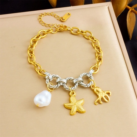 Picture of Wholesale Octopus Star Fish Imitation Pearl 304 Stainless Steel Charm Bracelets, Silver Tone & 18K Gold Plated Eco-friendly PVD Vacuum Plating, Women's Ocean Jewelry Stylish Gift Jewelry Supply, 17cm(6.7") + 6cm(2.4") long, 1 Piece