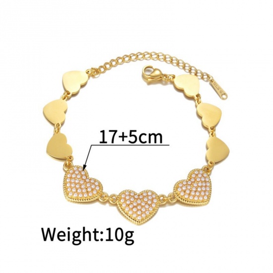 Picture of Wholesale Heart Acrylic Imitation Pearl 304 Stainless Steel Bracelets, 18K Gold Plated Eco-friendly, Women's Valentine's Day Stylish Gift Jewelry Supply, 17cm(6.7") + 5cm(2") long, 1 Piece