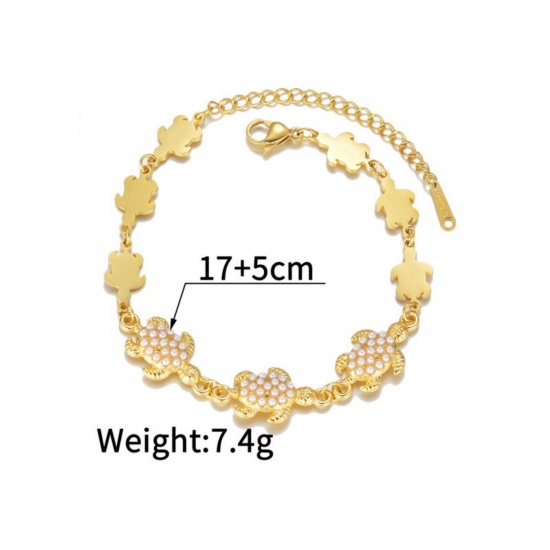 Picture of Wholesale Sea Turtle Animal Acrylic Imitation Pearl 304 Stainless Steel Bracelets, 18K Gold Plated Eco-friendly, Women's Ocean Jewelry Stylish Gift Jewelry Supply, 17cm(6.7") + 5cm(2") long, 1 Piece
