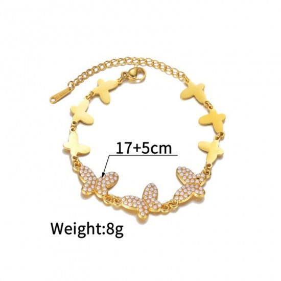 Picture of Wholesale Butterfly Animal Acrylic Imitation Pearl 304 Stainless Steel Bracelets, 18K Gold Plated Eco-friendly, Women's Simple Stylish Gift Jewelry Supply, 17cm(6.7") + 5cm(2") long, 1 Piece
