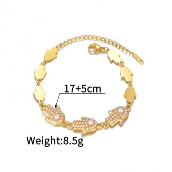Picture of Wholesale Hamsa Symbol Hand Acrylic Imitation Pearl 304 Stainless Steel Bracelets, 18K Gold Plated Eco-friendly, Women's Simple Stylish Gift Jewelry Supply, 17cm(6.7") + 5cm(2") long, 1 Piece