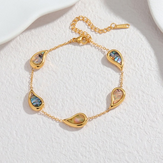 Picture of Wholesale Drop Multicolor 304 Stainless Steel & Natural Shell Station Bracelet, 18K Gold Plated Eco-friendly, Women's Exquisite Stylish Gift Jewelry Supply, 18cm(7.1") + 5cm(2") long, 1 Piece