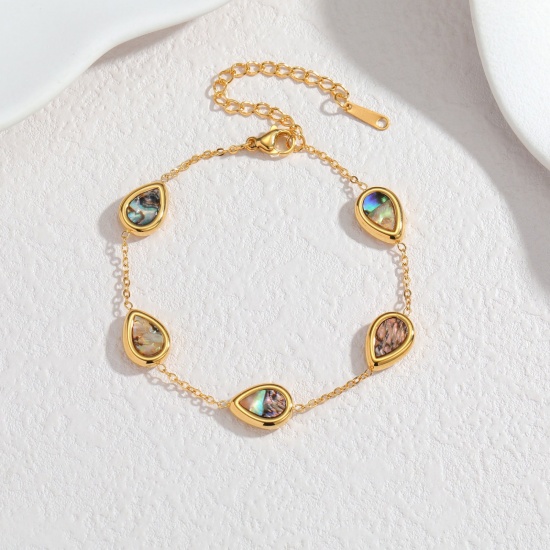 Picture of Wholesale Drop Multicolor 304 Stainless Steel & Natural Shell Station Bracelet, 18K Gold Plated Eco-friendly, Women's Exquisite Stylish Gift Jewelry Supply, 18cm(7.1") + 5cm(2") long, 1 Piece