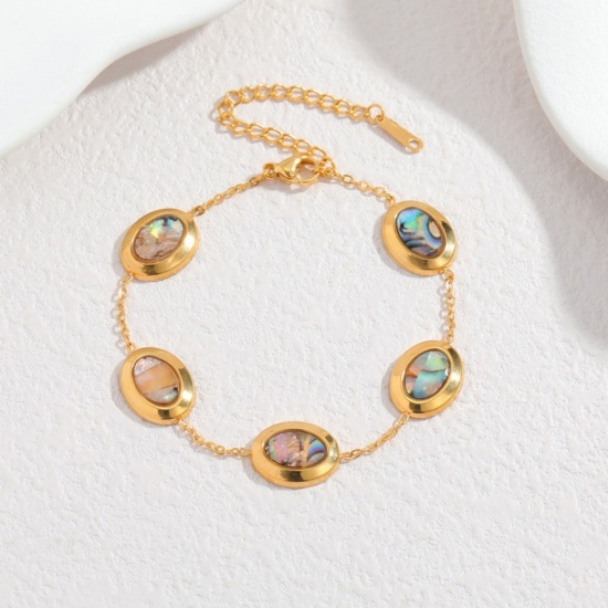 Picture of Wholesale Oval Multicolor 304 Stainless Steel & Natural Shell Station Bracelet, 18K Gold Plated Eco-friendly, Women's Exquisite Stylish Gift Jewelry Supply, 18cm(7.1") + 5cm(2") long, 1 Piece