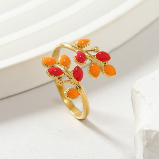 Imagen de Mujeres Regalo Hoja Naranja & Rojo Esmalte Abierto Anillos Al Por Mayor, Chapado en Oro de 18K 304 Acero Inoxidable, PVD Ecológico Exquisito Elegante Suministro de Joyería, 17.5mm (US size 7.25), 1 Unidad