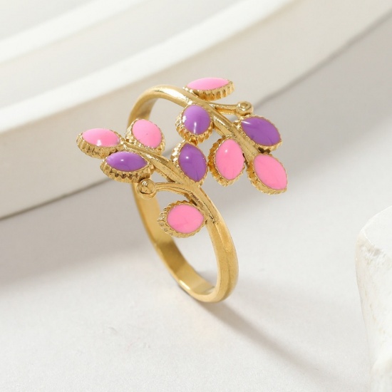 Imagen de Mujeres Regalo Hoja Rosa & Violeta Esmalte Abierto Anillos Al Por Mayor, Chapado en Oro de 18K 304 Acero Inoxidable, PVD Ecológico Exquisito Elegante Suministro de Joyería, 17.5mm (US size 7.25), 1 Unidad
