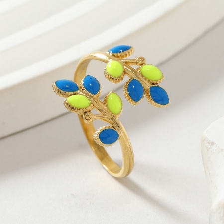 Image de Bagues En Gros Plaqué Or 18K en 304 Acier Inoxydable, aux Femmes Cadeau Feuilles Jaune & Bleu Émail Ouvert PVD Écologique Exquis À la Mode Fournitures de Bijoux 17.5mm (Taille d'US: 7.25), 1 Pièce