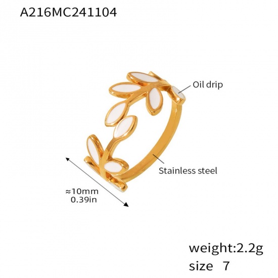 Picture of Wholesale Women's Gift Leaf White Enamel Open Adjustable Rings, 18K Gold Plated 304 Stainless Steel, Eco-friendly PVD Exquisite Stylish Jewelry Supply, 17.5mm(US size 7.25), 1 Piece