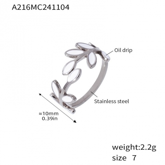 Picture of Wholesale Women's Gift Leaf White Enamel Open Adjustable Rings, Silver Tone 304 Stainless Steel, Eco-friendly PVD Exquisite Stylish Jewelry Supply, 17.5mm(US size 7.25), 1 Piece