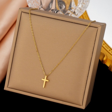 Picture of Wholesale Cross Pendant Charm Necklace, 18K Gold Plated 304 Stainless Steel Link Cable Chain, Women's Vacuum Plating Religious Retro Gift Jewelry For Retailer, 40cm(15.7") + 5cm(2") long, 1 Piece