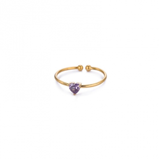Picture of Wholesale Women's Gift Heart February Birthstone Open Rings, 18K Gold Plated 304 Stainless Steel & Cubic Zirconia, Eco-friendly Valentine's Day Stylish Jewelry Supply, 18mm(US Size 7.75), 1 Piece