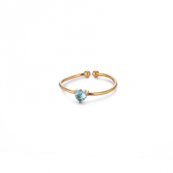 Picture of Wholesale Women's Gift Heart March Birthstone Open Rings, 18K Gold Plated 304 Stainless Steel & Cubic Zirconia, Eco-friendly Valentine's Day Stylish Jewelry Supply, 18mm(US Size 7.75), 1 Piece
