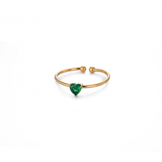 Picture of Wholesale Women's Gift Heart May Birthstone Open Rings, 18K Gold Plated 304 Stainless Steel & Cubic Zirconia, Eco-friendly Valentine's Day Stylish Jewelry Supply, 18mm(US Size 7.75), 1 Piece