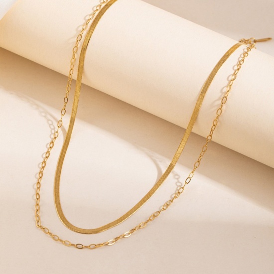 Immagine di Multistrato Collana All'Ingrosso, Catena di Serpente Piatta Placcato Oro 18K 304 Acciaio Inossidabile, Donne PVD Ecologica Semplice Elegante Regalo Gioielli Per Rivenditore, 40cm + 7cm Lunghezza, 1 Pz
