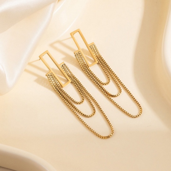 Picture of Wholesale Exquisite Stylish Tassel Earrings, Rectangle 18K Gold Plated 304 Stainless Steel, Women's Eco-friendly PVD Gift Jewelry Supply, 6.5cm x 1.3cm, 1 Pair