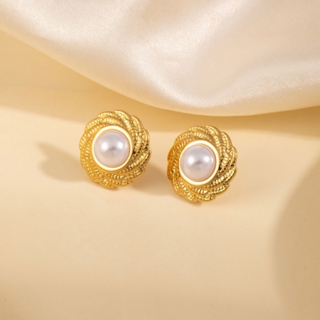 Picture of Wholesale Exquisite Stylish Ear Post Stud Earrings, Vortex Imitation Pearl 18K Gold Plated 304 Stainless Steel, Women's Eco-friendly PVD Gift Jewelry Supply, 17mm x 17mm, 1 Pair
