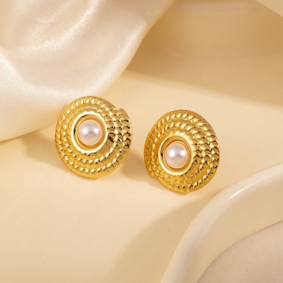 Immagine di Squisito Elegante Orecchini a Perno All'Ingrosso, Spirale Imitata Perla Placcato Oro 18K 304 Acciaio Inossidabile, Donne PVD Ecologica Regalo Fornitura di Gioielli, 22mm x 21mm, 1 Paio