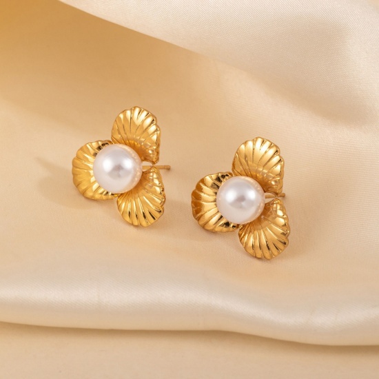 Immagine di Squisito Elegante Orecchini a Perno All'Ingrosso, Fiore Imitata Perla Placcato Oro 18K 304 Acciaio Inossidabile, Donne PVD Ecologica Regalo Fornitura di Gioielli, 24mm x 22mm, 1 Paio