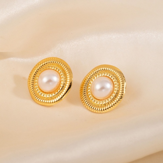 Immagine di Squisito Elegante Orecchini a Perno All'Ingrosso, Tondo Disco Imitata Perla Placcato Oro 18K 304 Acciaio Inossidabile, Donne PVD Ecologica Regalo Fornitura di Gioielli, 25mm x 25mm, 1 Paio