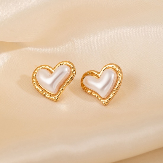 Immagine di San Valentino Elegante Orecchini a Perno All'Ingrosso, Cuore Imitata Perla Placcato Oro 18K 304 Acciaio Inossidabile, Donne PVD Ecologica Regalo Fornitura di Gioielli, 24mm x 21mm, 1 Paio