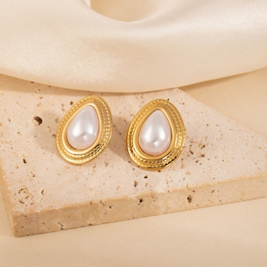 Immagine di Squisito Elegante Orecchini a Perno All'Ingrosso, Goccia Imitata Perla Placcato Oro 18K 304 Acciaio Inossidabile, Donne PVD Ecologica Regalo Fornitura di Gioielli, 22mm x 18mm, 1 Paio