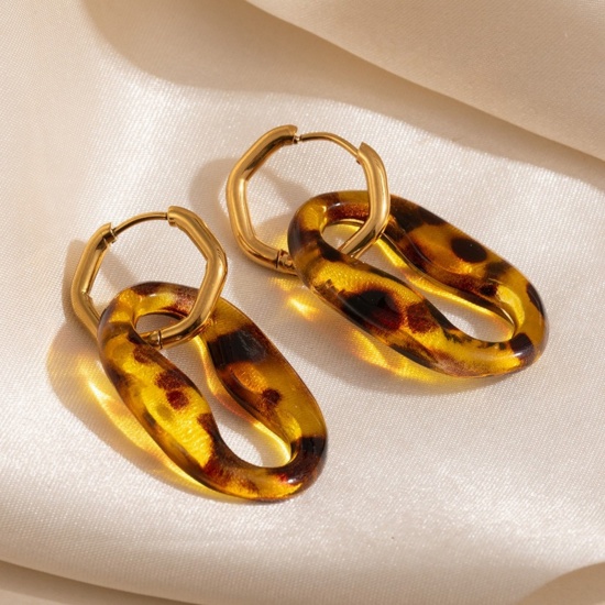 Picture of Wholesale Exquisite Stylish Hoop Earrings, Oval Amber 18K Gold Plated 304 Stainless Steel, Women's Eco-friendly PVD Gift Jewelry Supply, 4.5cm x 2.1cm, 1 Pair