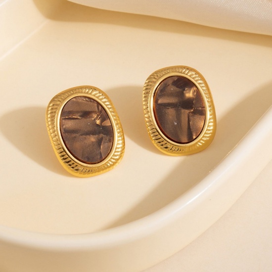 Picture of Wholesale Retro Dainty Ear Post Stud Earrings, Oval Brown Imitation Shell 18K Gold Plated 304 Stainless Steel, Women's Eco-friendly PVD Gift Jewelry Supply, 25mm x 20mm, 1 Pair